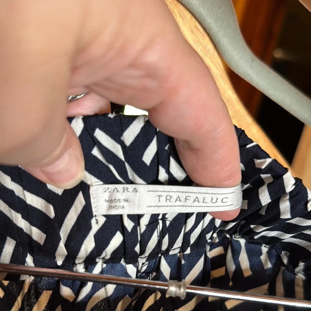Zara Trafaluc Navy White Geometric Wide Leg Pants Tassel Tie Size Small